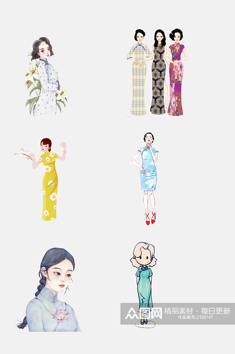 清新水彩中国风旗袍古典美女素材素材