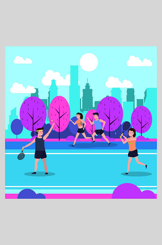 蓝紫色户外运动网球插画素材