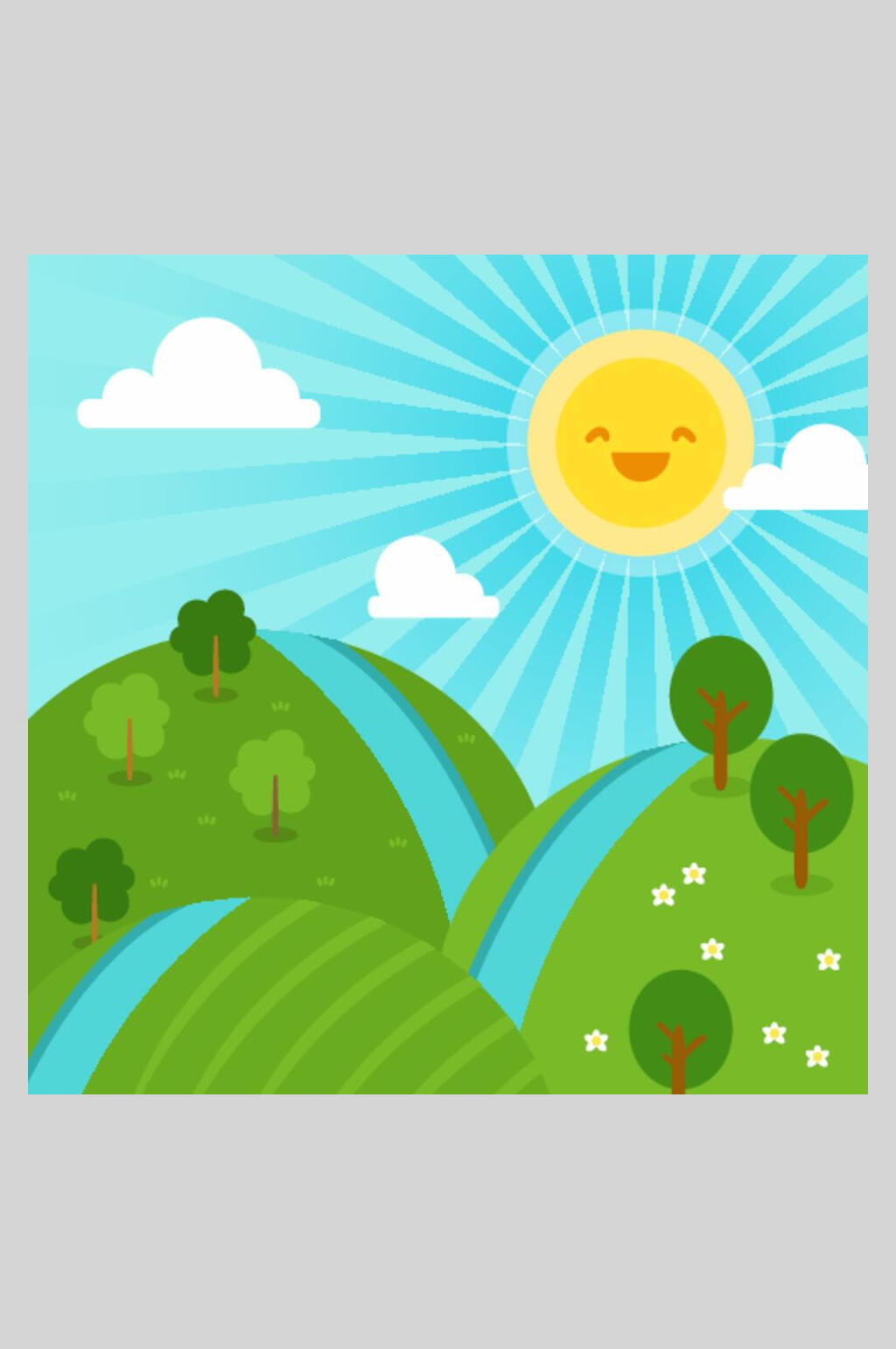 绿色山坡树木草地花朵太阳风景插画
