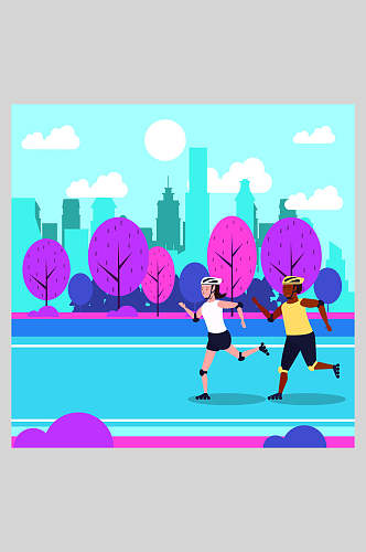 蓝紫色户外运动跑步插画素材
