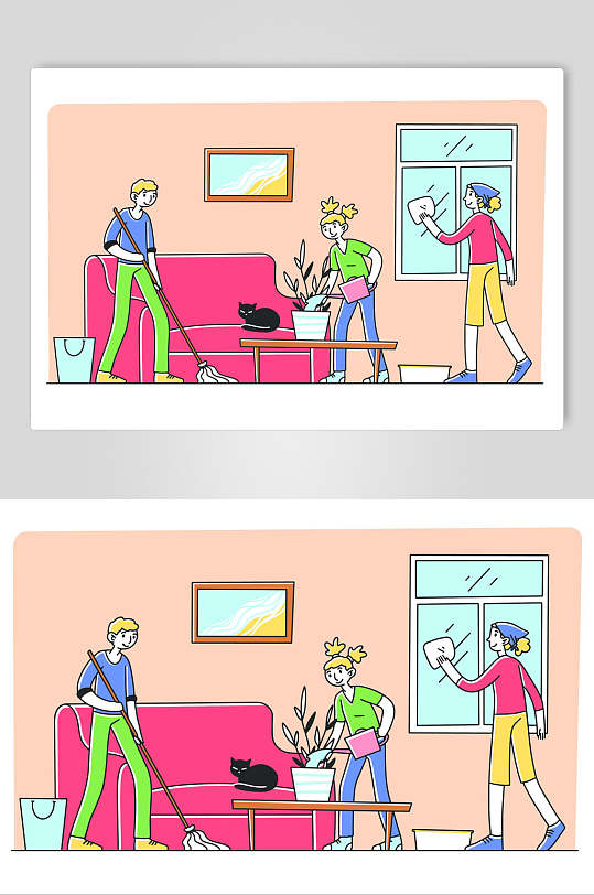 人物娱乐打扫卫生插画