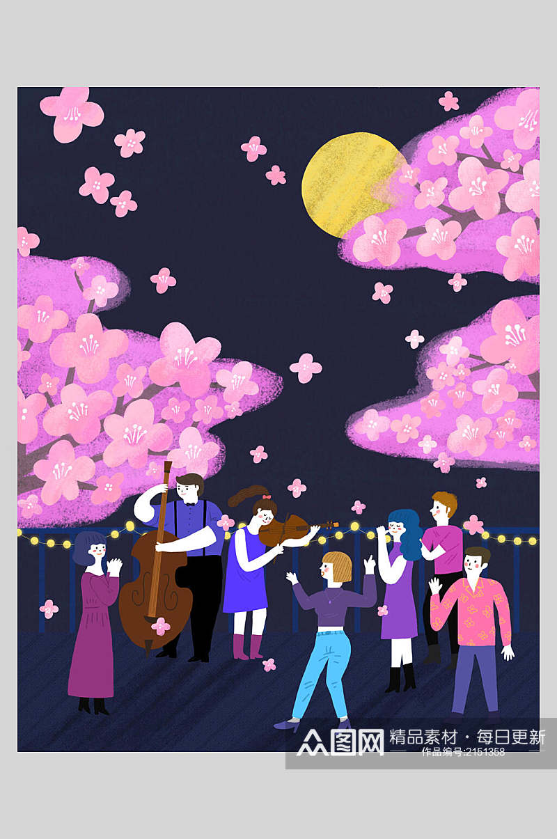樱花树下载歌载舞卡通儿童插画素材