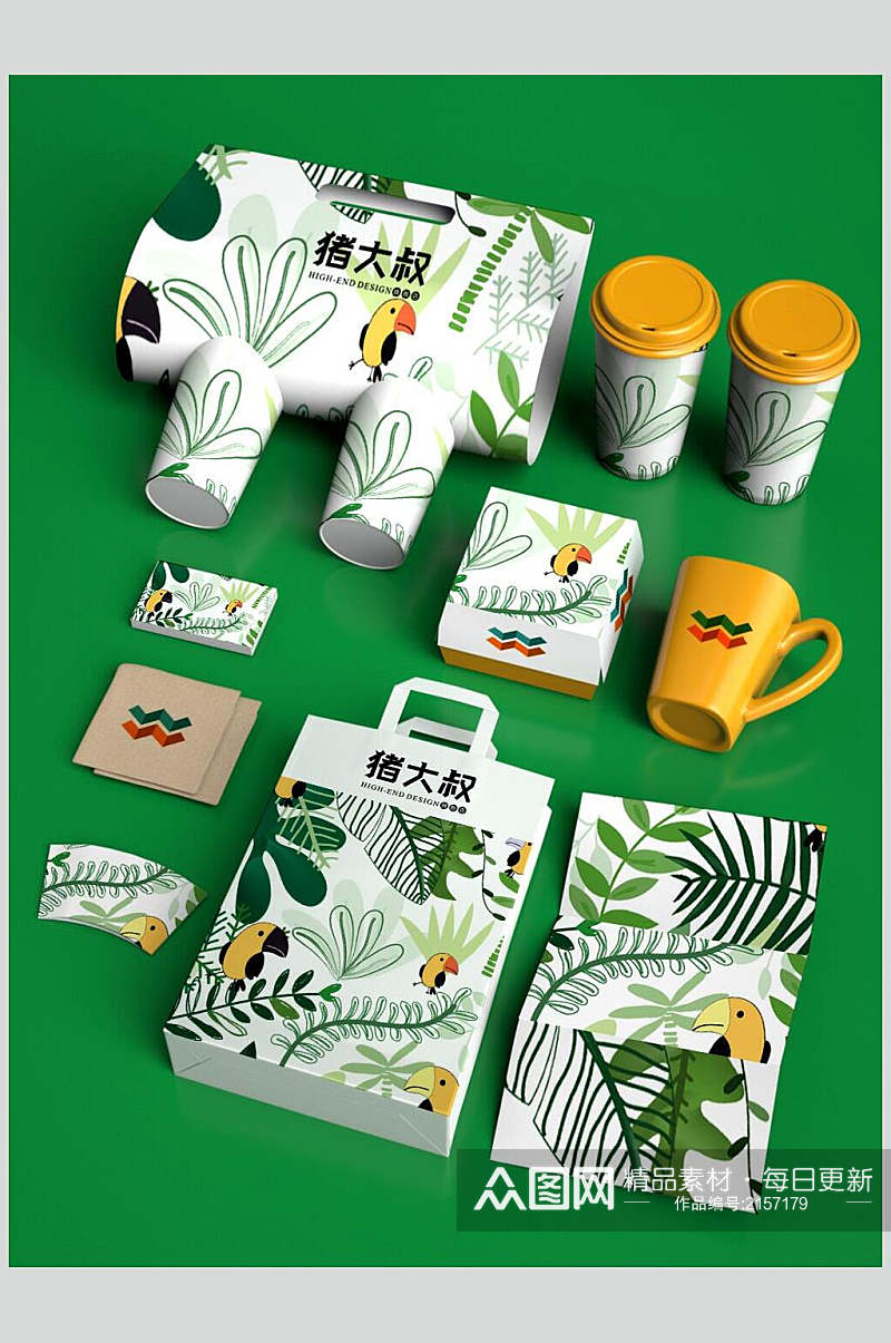 绿色植物餐饮饮品包装整套VI样机效果图素材