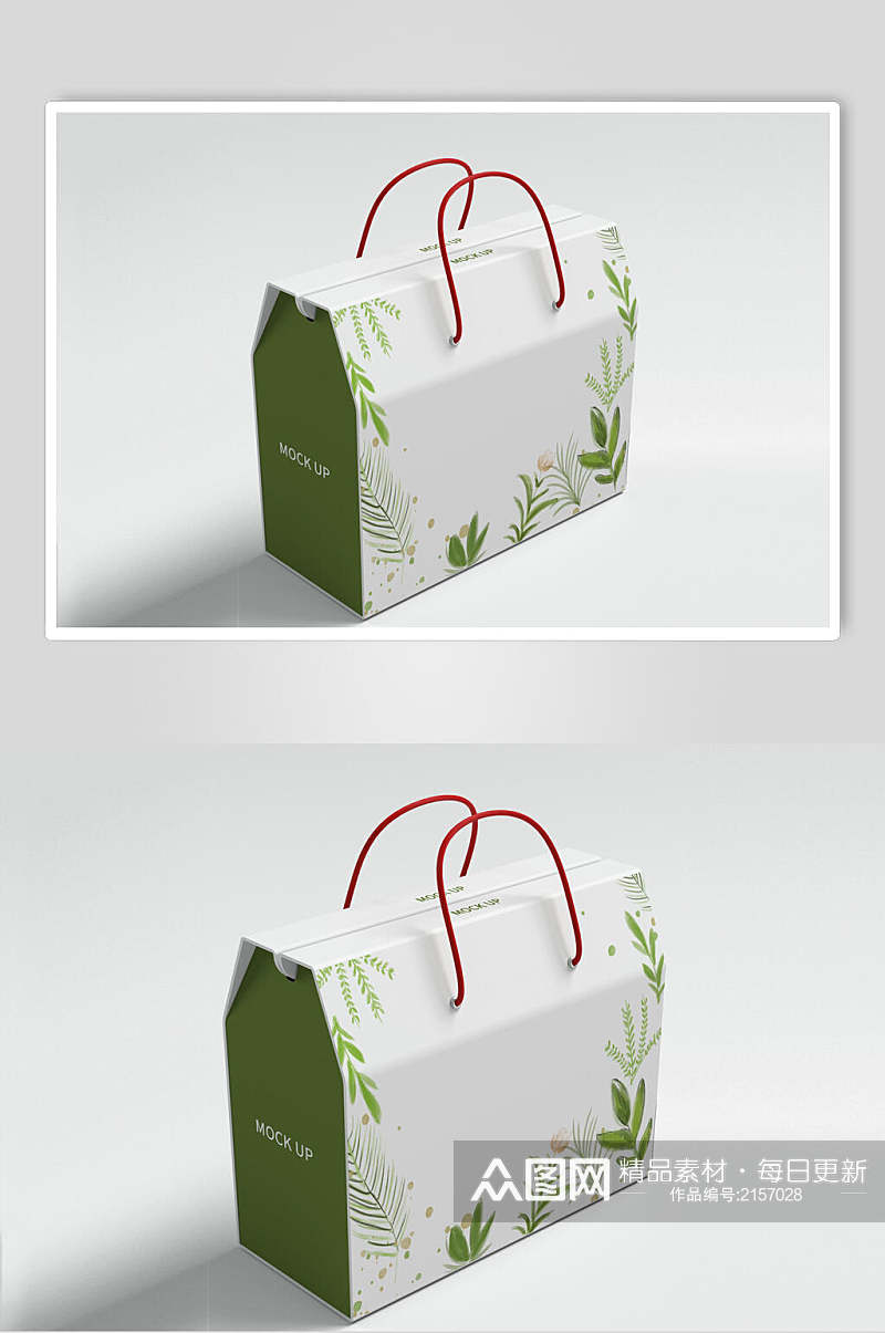 清新绿色植物礼盒包装样机效果图素材