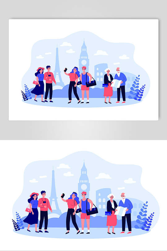 蓝红色创意扁平风人物动作矢量素材