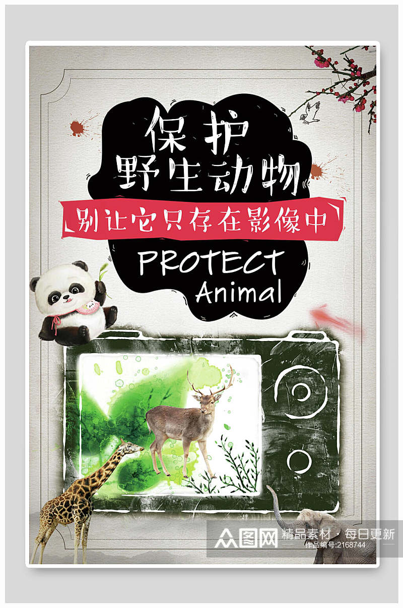 手绘相机保护野生动物海报素材