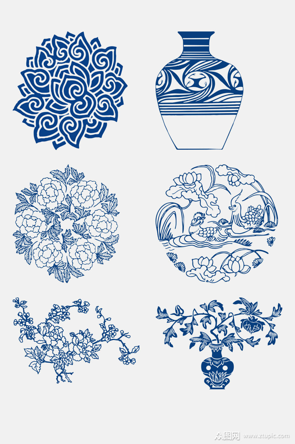 创意手绘花纹花卉青花瓷免抠元素素材