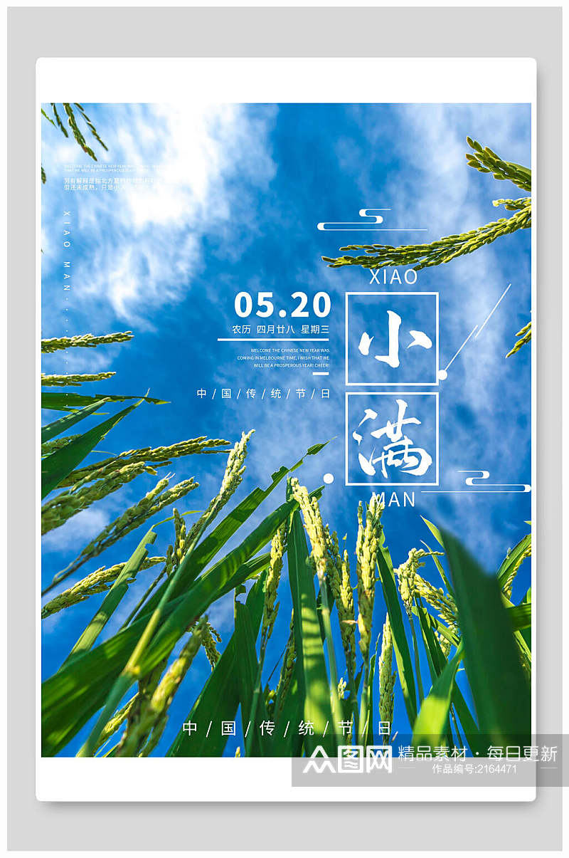蓝色天空小满节气插画海报素材