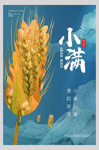 蓝色麦穗小满传统二十四节气插画海报