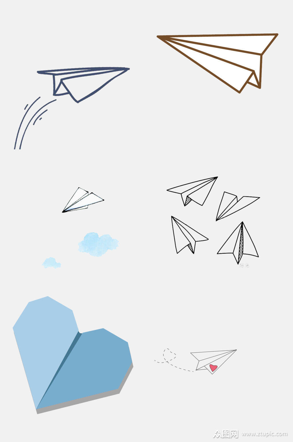 手绘爱心纸飞机免抠元素素材