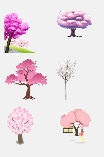 水彩粉色樱花树免扣素材