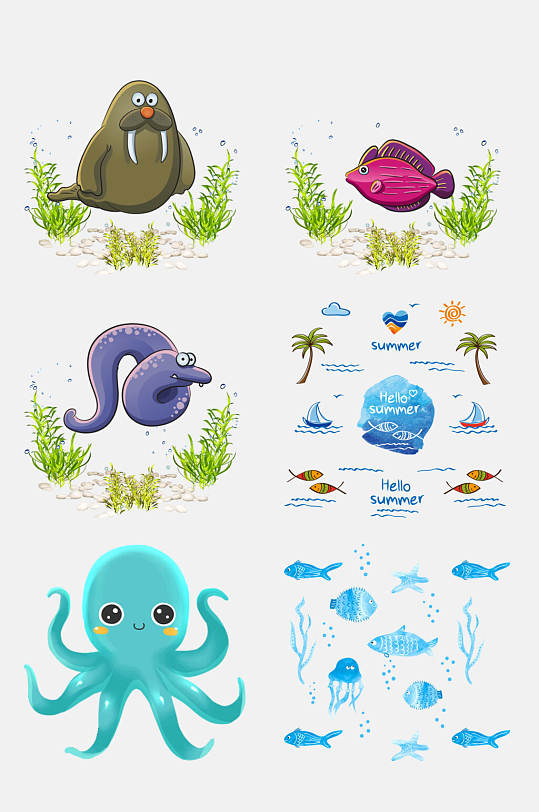 创意卡通水族馆海洋生物免抠元素
