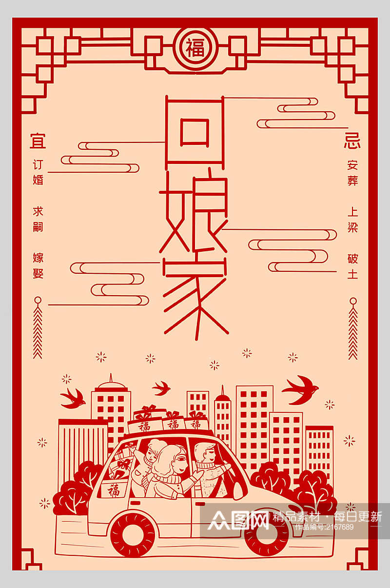 剪纸风回娘家春节习俗海报素材