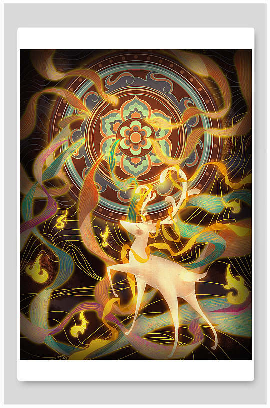 古风经典大气飘逸鹿敦煌插画