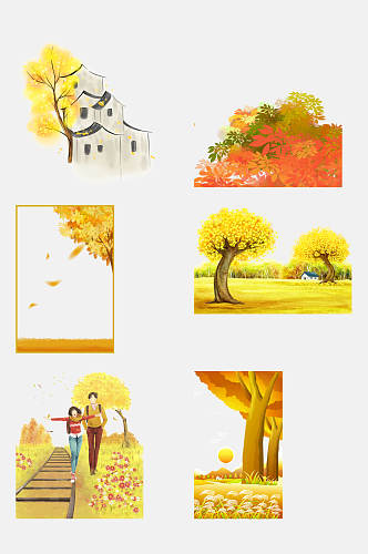 金色浪漫秋季秋天落叶风景免抠元素