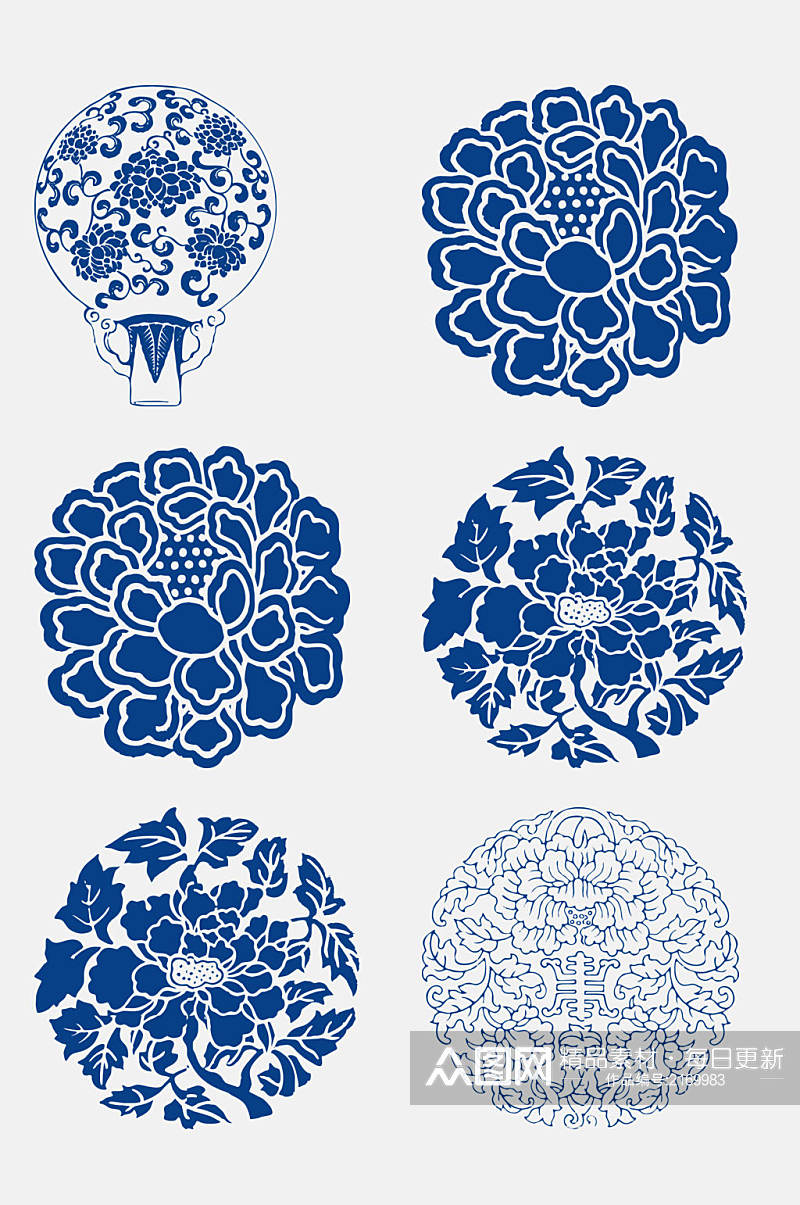 中式手绘精美花卉植物青花瓷免抠元素素材