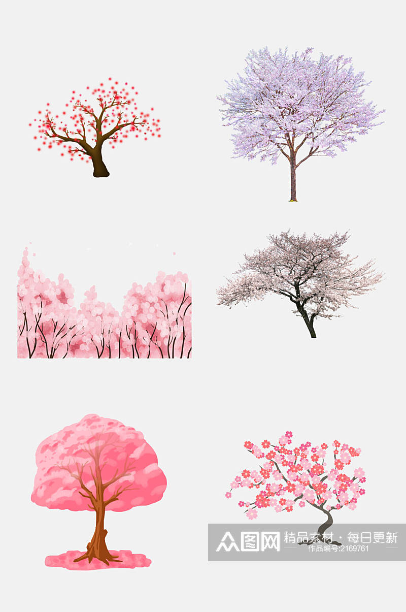 清新粉色荷花树木樱花树免抠素材素材