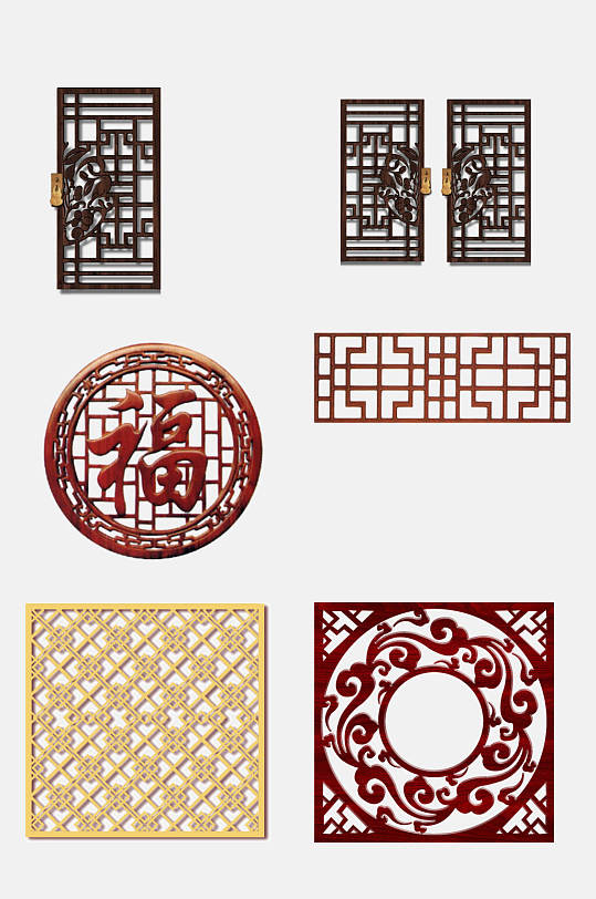 中式窗格屏风隔断免抠元素