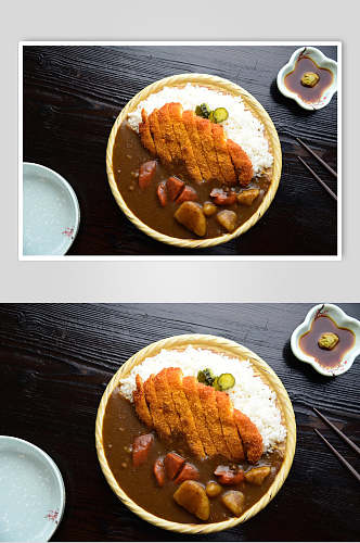 日式鸡排饭料理摄影图片