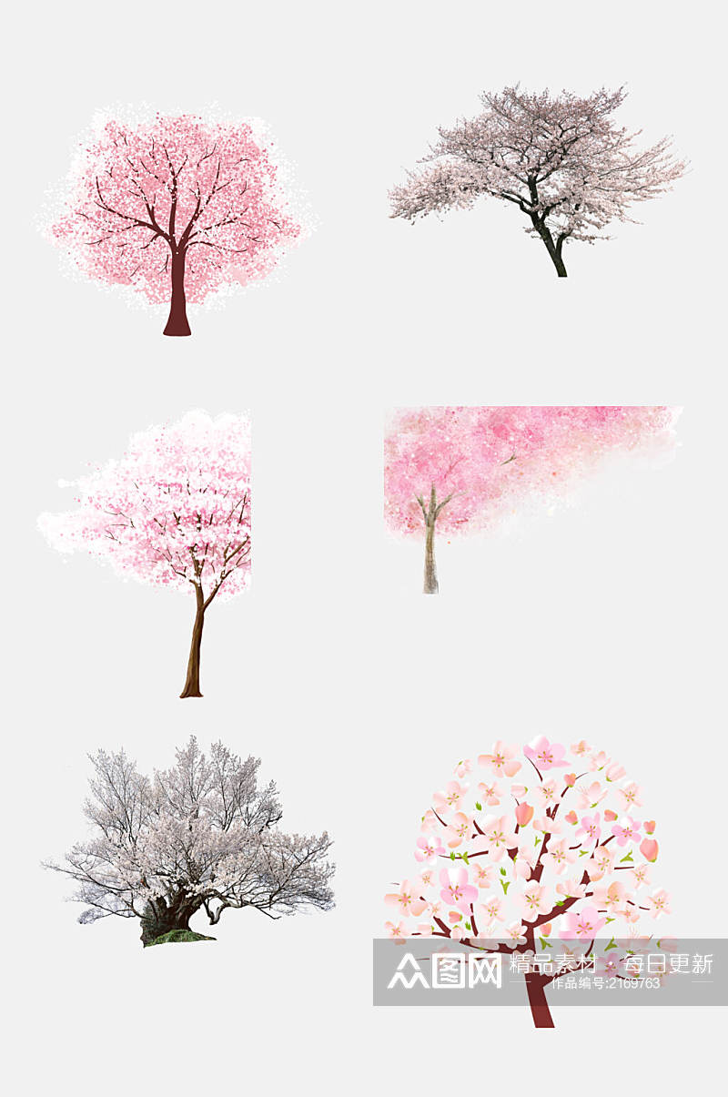 清新水彩粉色植物树木樱花树免抠素材素材