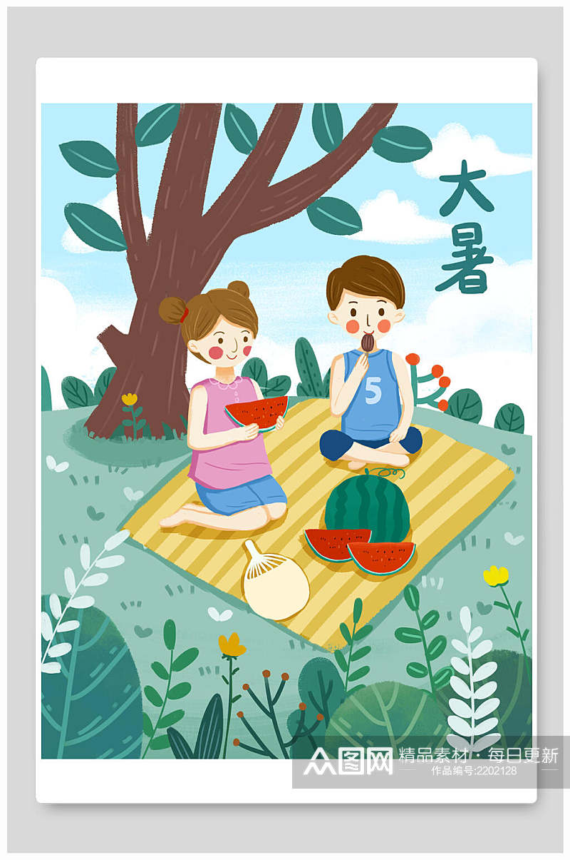 野餐吃西瓜大暑插画传统节气插画素材素材