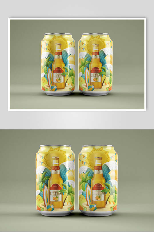 清新美味啤酒易拉罐饮料瓶样机效果图