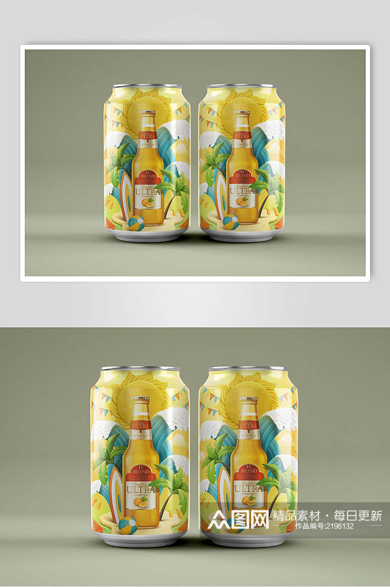 清新美味啤酒易拉罐饮料瓶样机效果图素材
