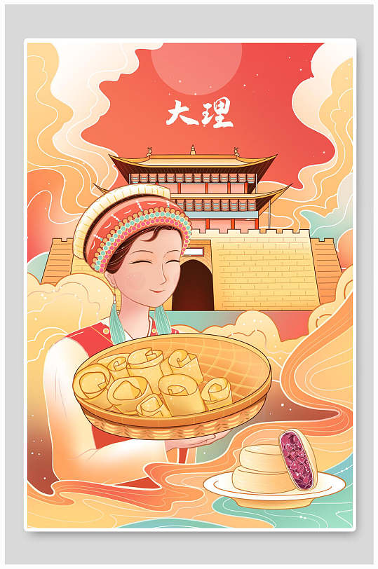 国潮风城市建筑插画-众图网