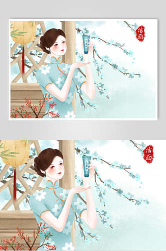 浅蓝色旧上海女性插画素材