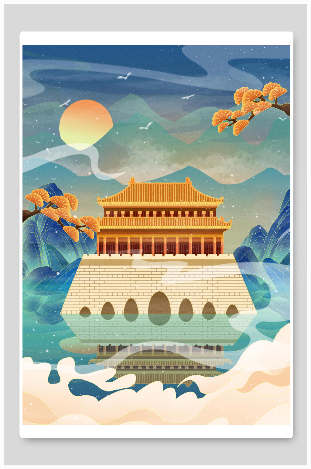 清新唯美国潮风城市古建筑插画素材素材