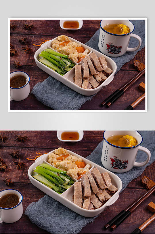 烤鸭米饭套餐摄影图片