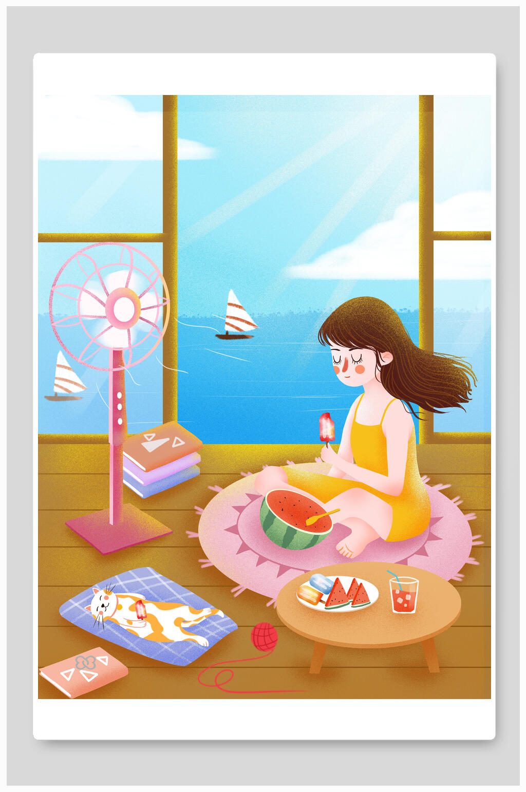 海洋风风扇冷饮大暑传统节气插画素材素材