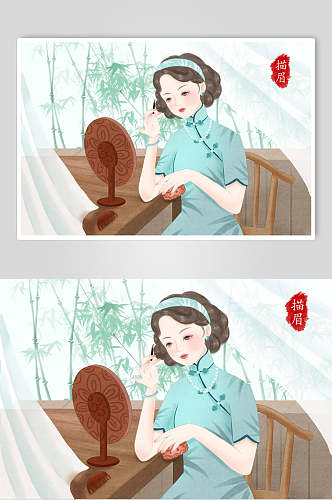 精致眉毛旧上海女性插画素材