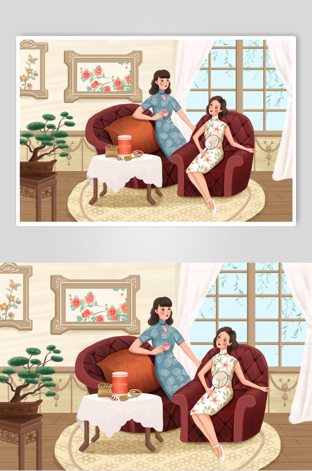 唯美旧上海女性插画素材素材