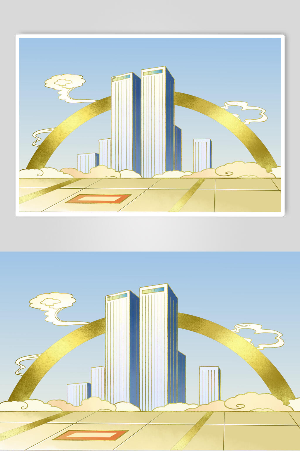 国潮风城市建筑插画素材素材