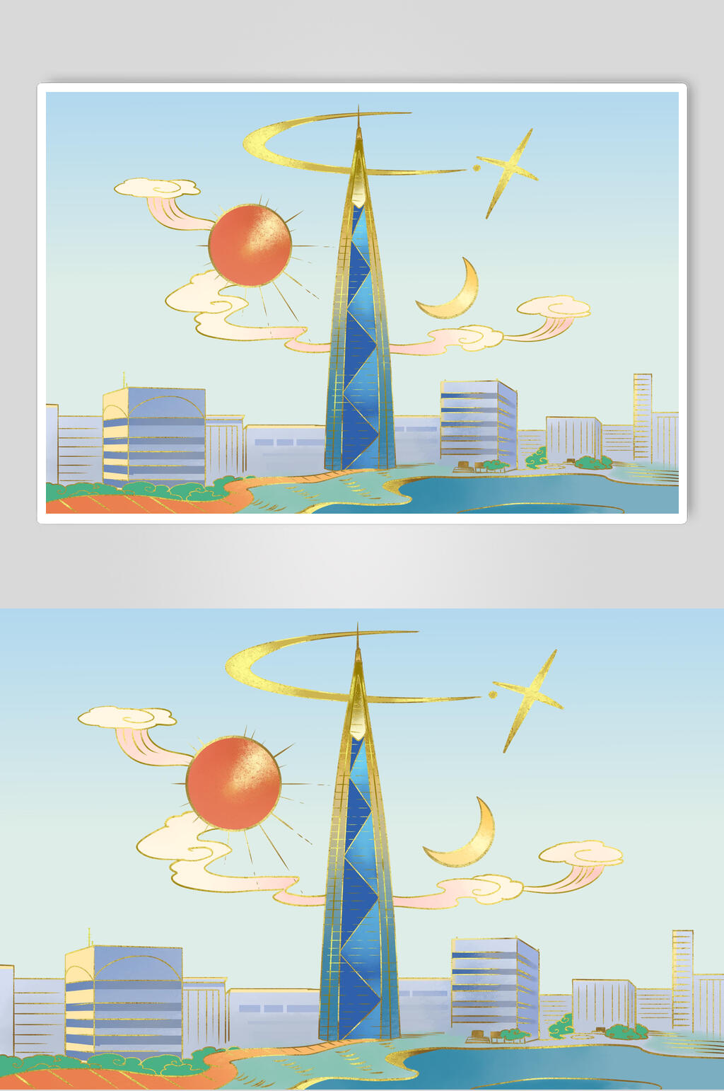 清新鎏金创意国潮风城市建筑高楼插画素材素材