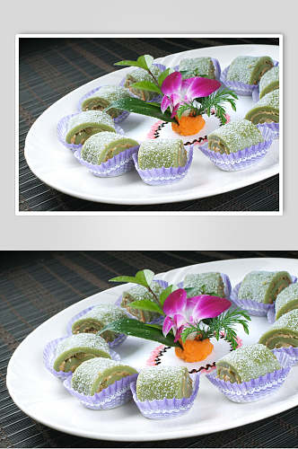 小吃绿茶糯米卷摄影图片