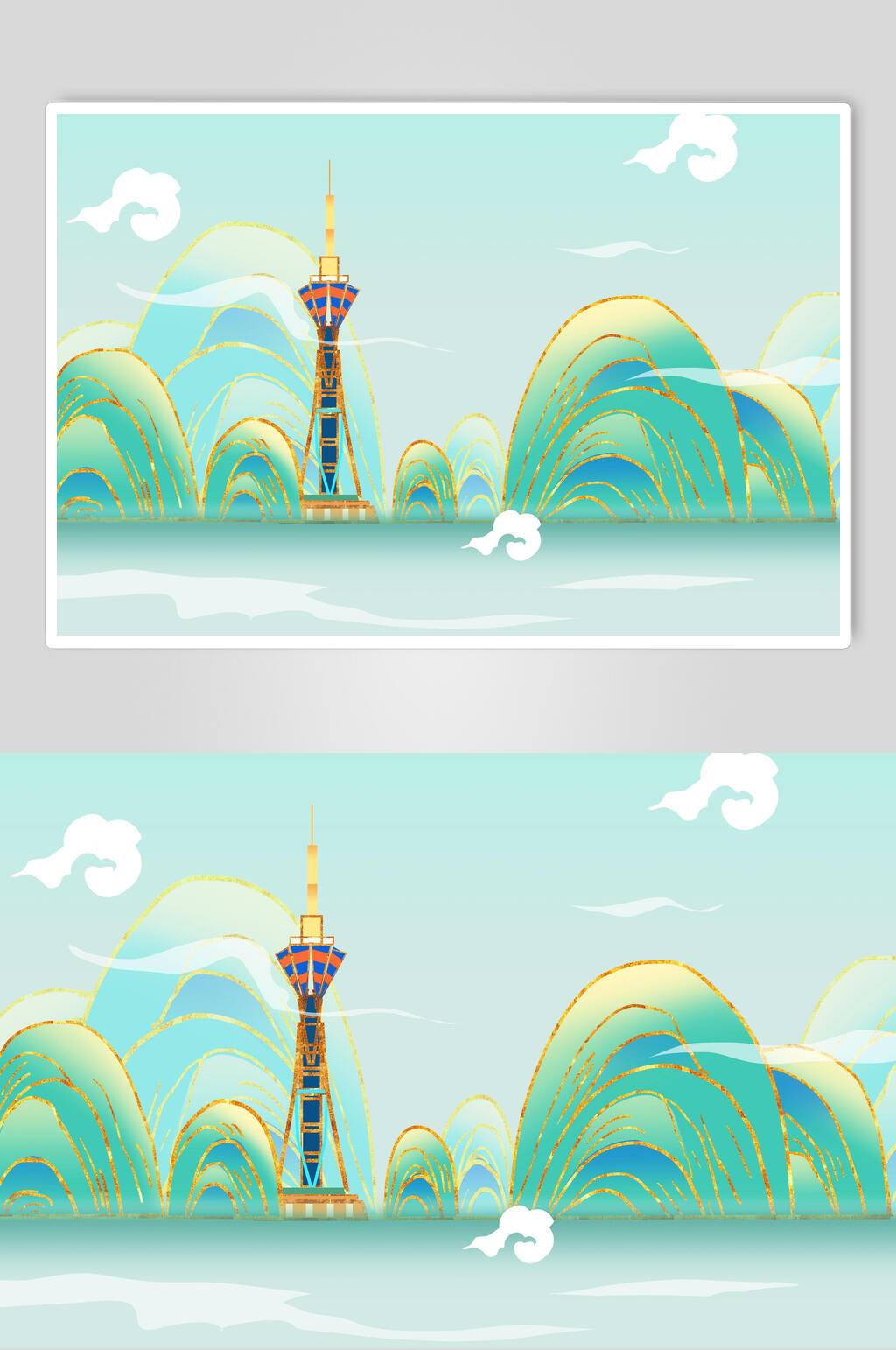 清新鎏金唯美国潮风城市建筑插画素材素材