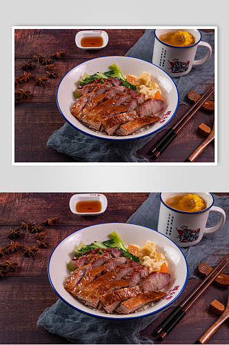 美味脆皮烧鸭米饭套餐摄影图片