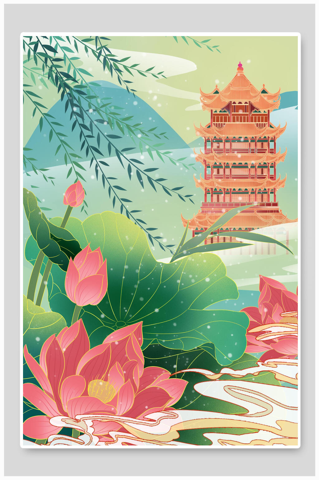 清新荷花国潮风城市建筑插画素材素材