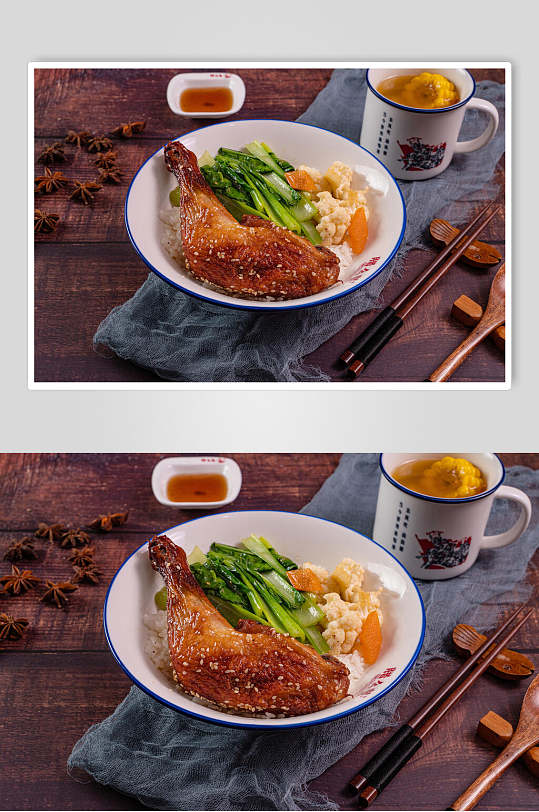 鸡腿鸭腿米饭套餐摄影图片