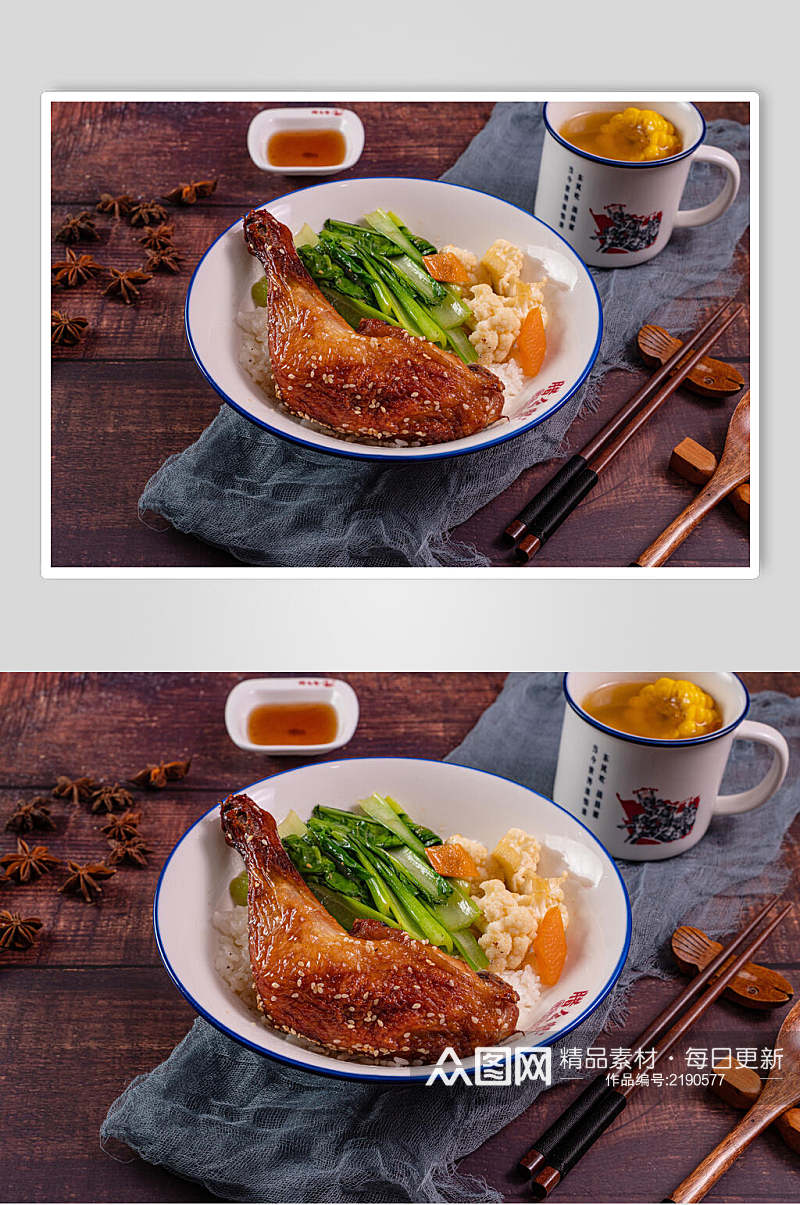 鸡腿鸭腿米饭套餐摄影图片素材