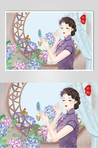水彩花卉旧上海女性插画素材