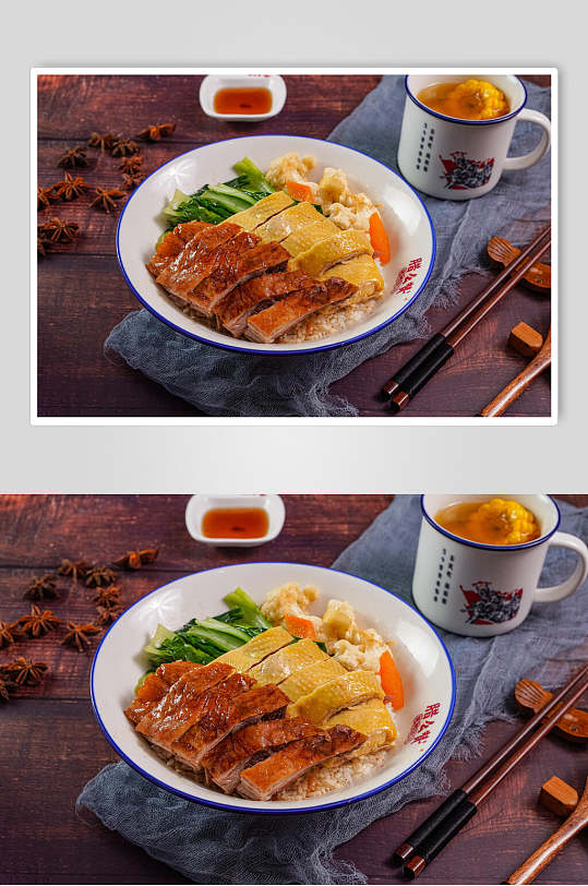 烧鸭白切鸡双拼米饭套餐摄影图片