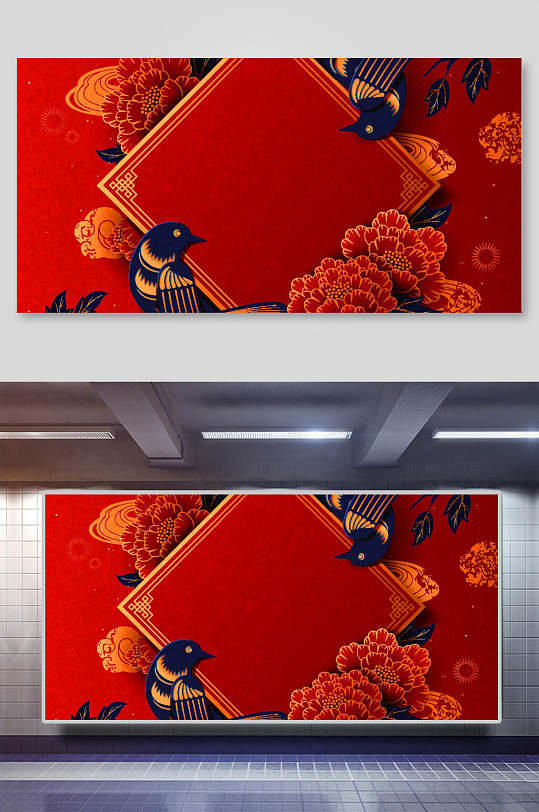 红色花鸟春节气氛立体剪纸风背景素材