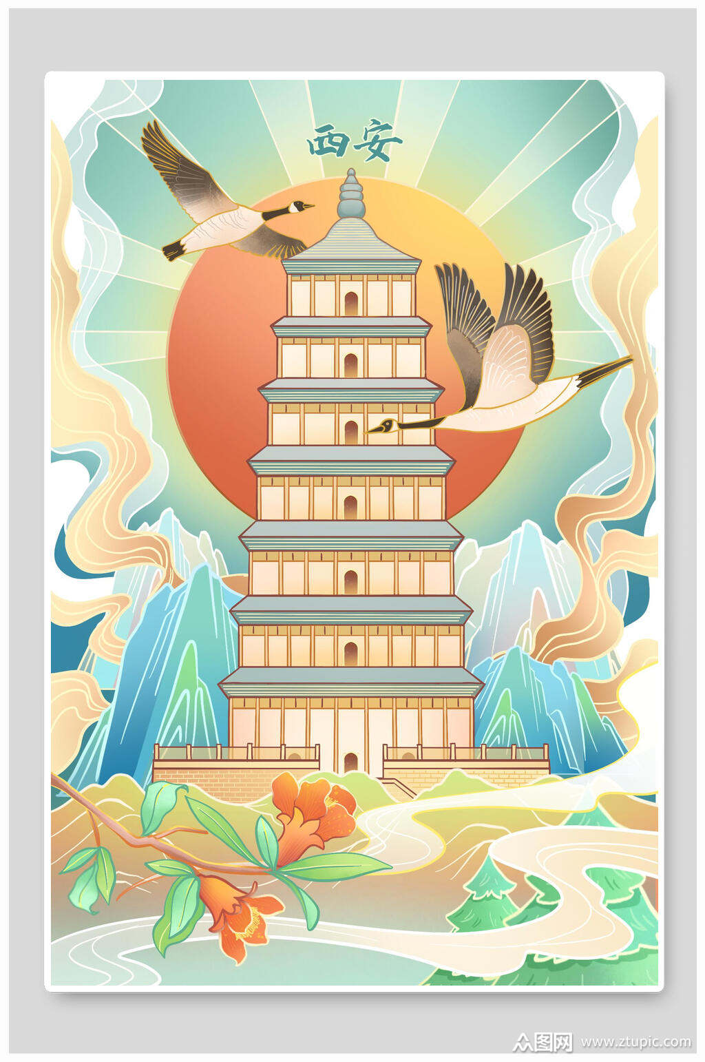 国潮风城市建筑插画素材