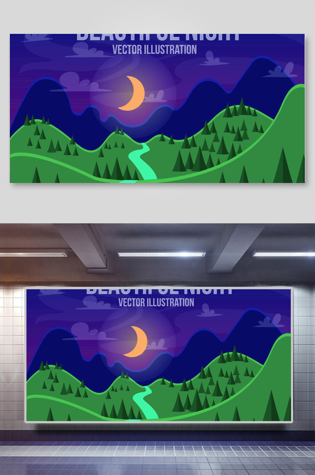 夜色丛林山谷草原场景矢量插画素材素材