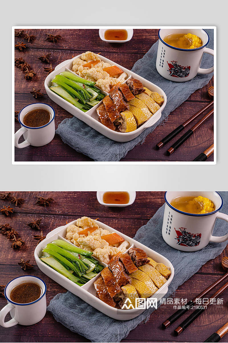青菜烧鸭米饭套餐摄影图片素材