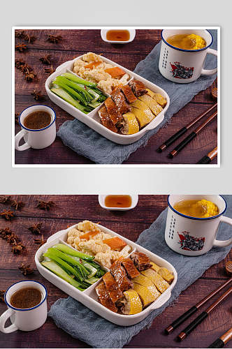 青菜烧鸭米饭套餐摄影图片