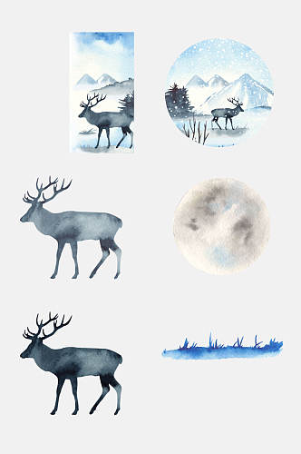 唯美水彩手绘冬季景观免动物抠元素